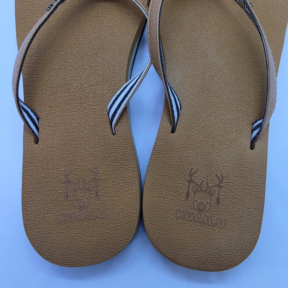 KuaiLu Tan Brown Flip Flop Sandals Striped Strap Thong Beach Shoes Womens 10.5in - Picture 6 of 11